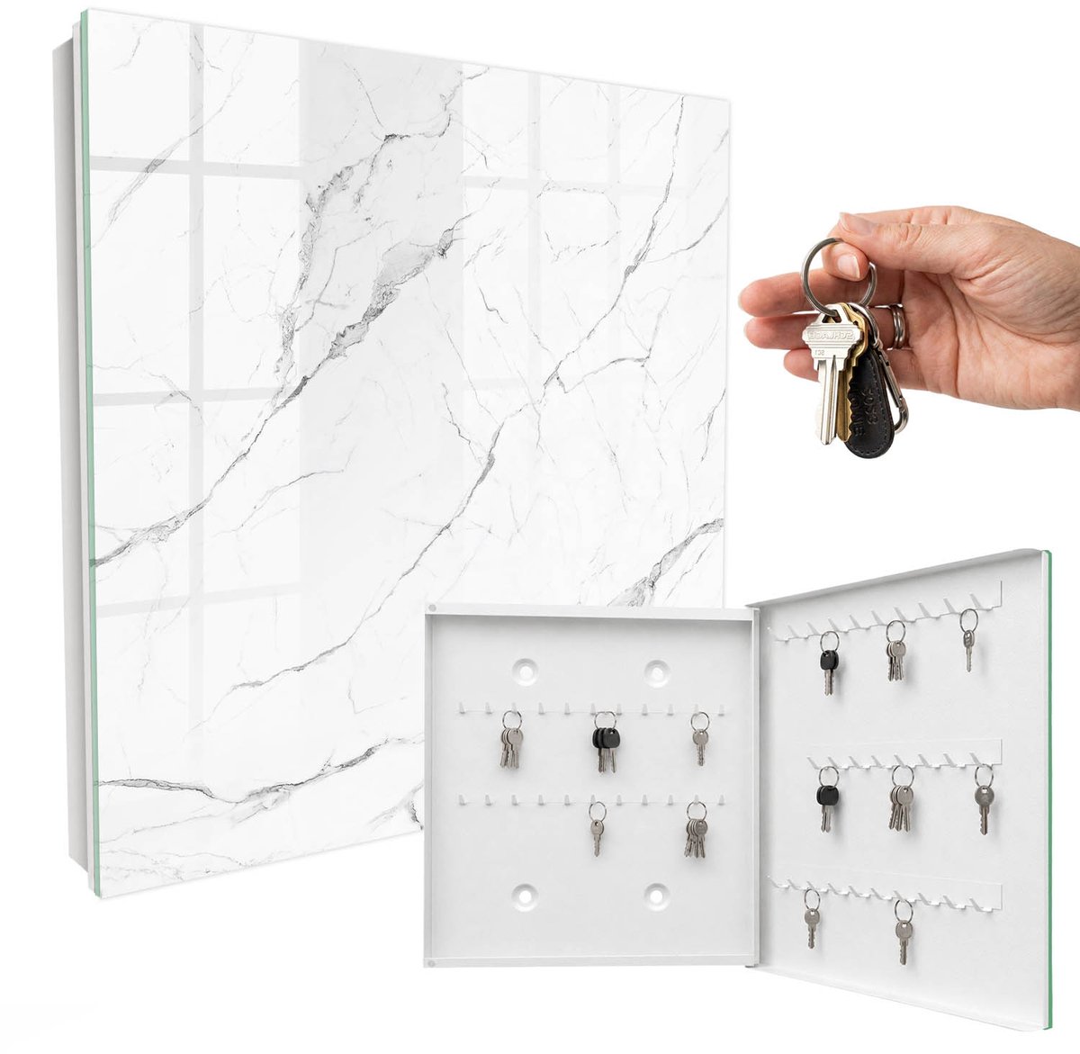 WallMuralia - Sleutelkast - 30x30x5 cm - met 50 haken - Marmertextuur Sleutelkastje Muur - Wit Sleutelbox - Rechtsopenend - Wit interieur