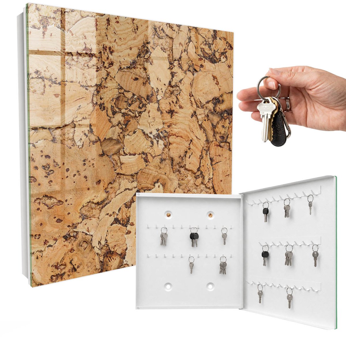 WallMuralia - Sleutelkast - 30x30x5 cm - met 50 haken - Kurk Natuur Sleutelkastje Modern - Bruin Sleutelbox - Rechtsopenend - Wit interieur