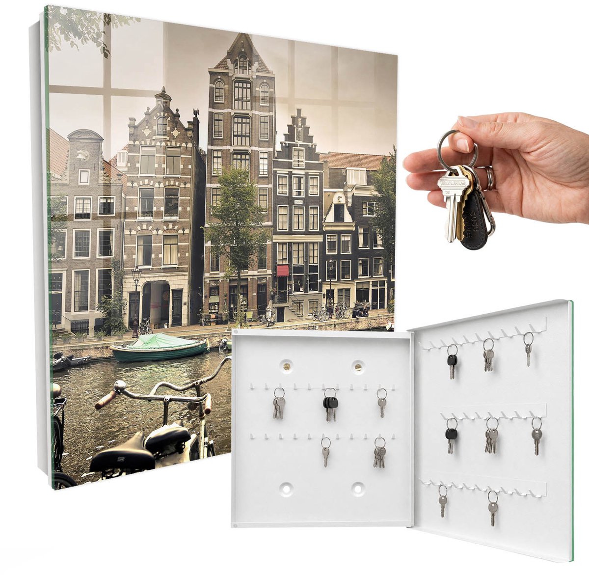 WallMuralia - Sleutelkast - 30x30x5 cm - met 50 haken - Stedelijke Vrede Sleutelkastje - Bruin Sleutelbox - Rechtsopenend - Wit interieur