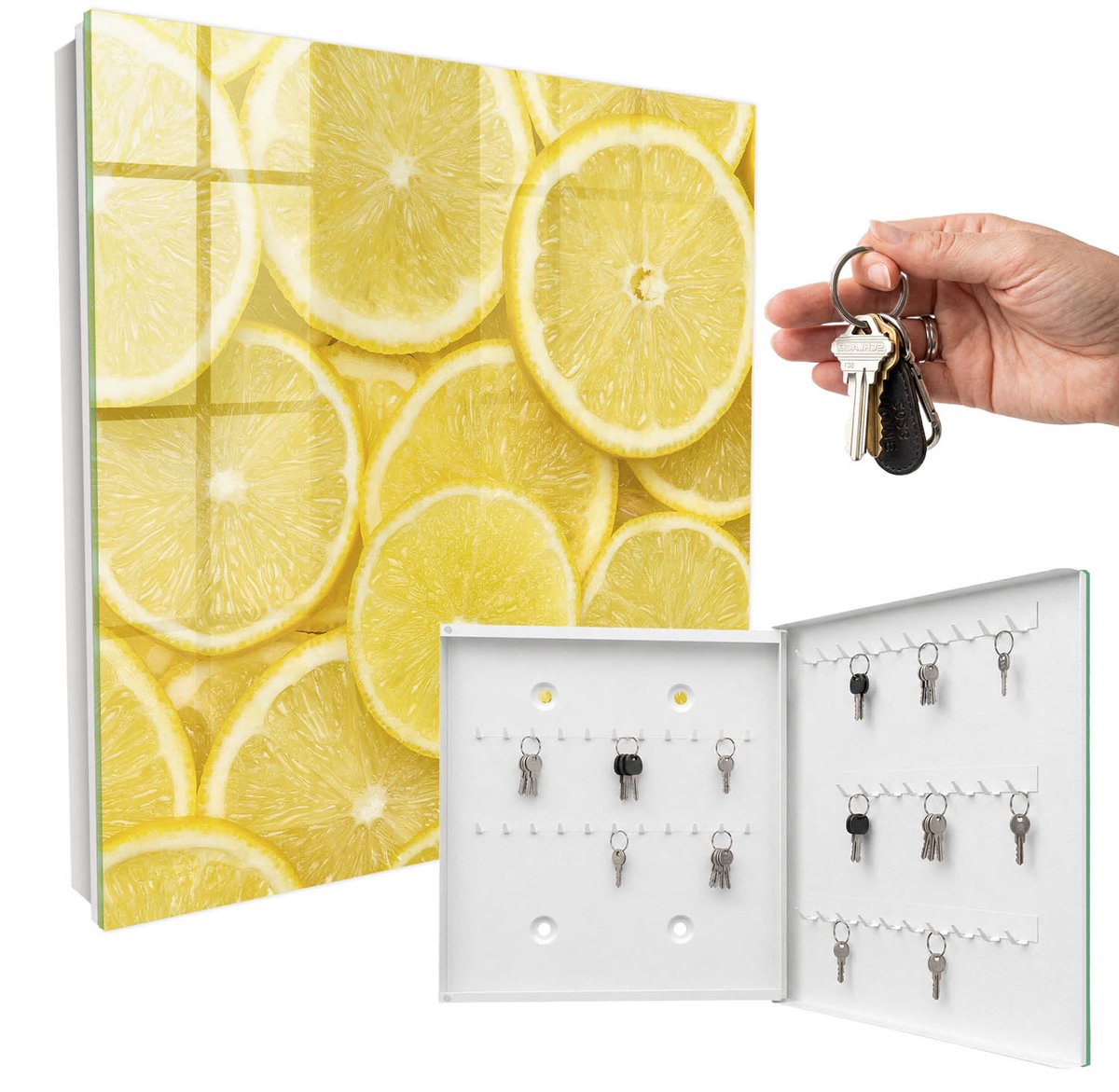 WallMuralia - Sleutelkast - 30x30x5 cm - met 50 haken - Citroenschijfjes Leuk Sleutelkastje - Geel Sleutelbox - Rechtsopenend - Wit interieur