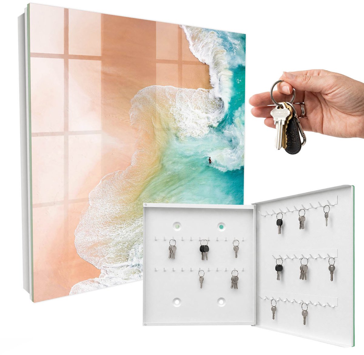 WallMuralia - Sleutelkast - 30x30x5 cm - met 50 haken - Turkoois Strand Design Sleutelkastje - Turkoois Sleutelbox - Rechtsopenend - Wit interieur