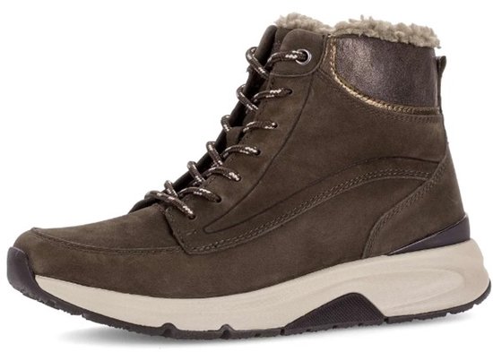 Donkerbruine leren veterboot met rits aan de zijkant, beige zool en lichte fleece voering.