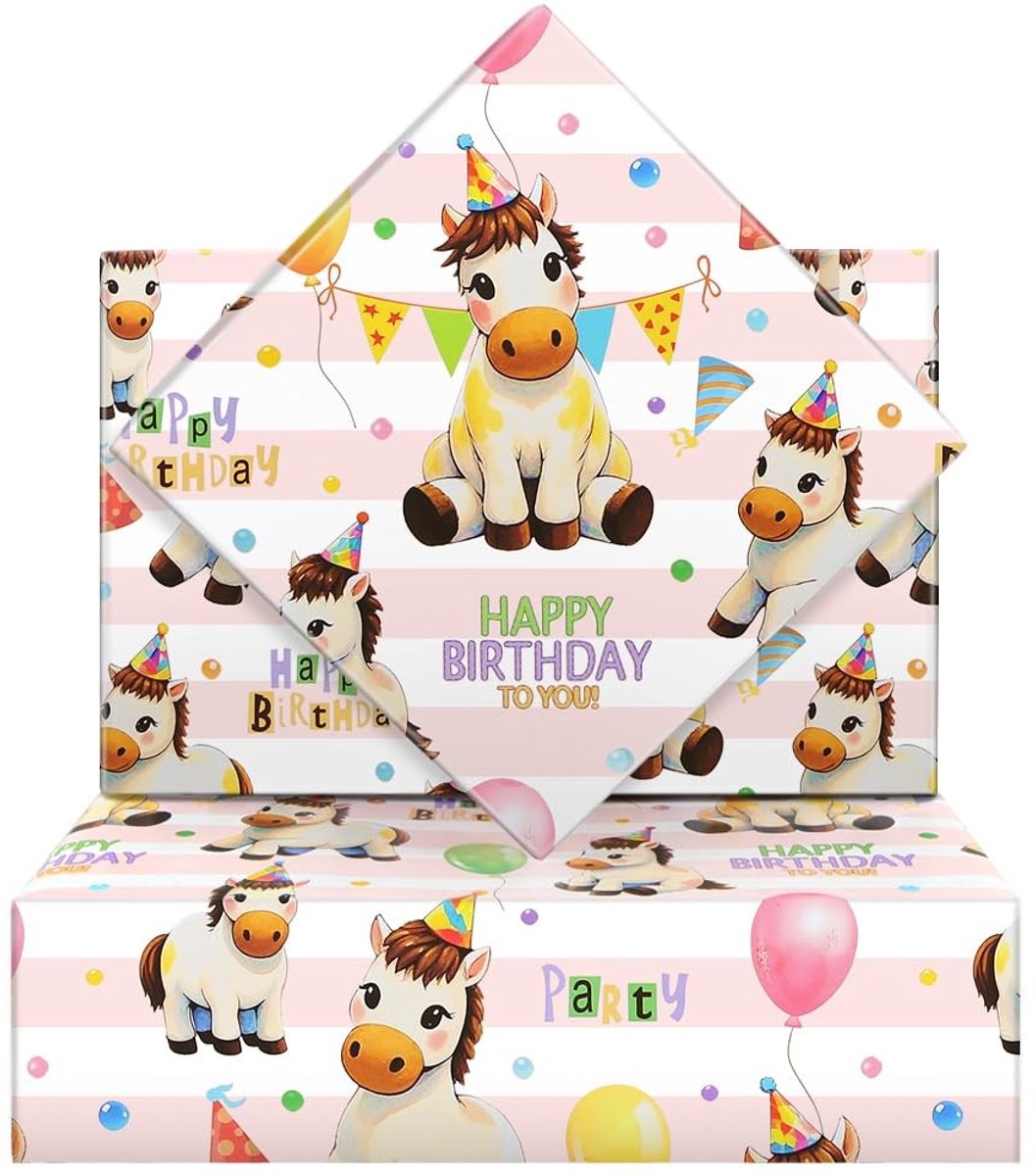 Dailygoods- Inpakpapier Verjaardag - Paardenontwerp - 6 Vellen - 50 x 70 cm - Geschenkpakket voor Kinderen - Feestverpakking - Cadeaupapier