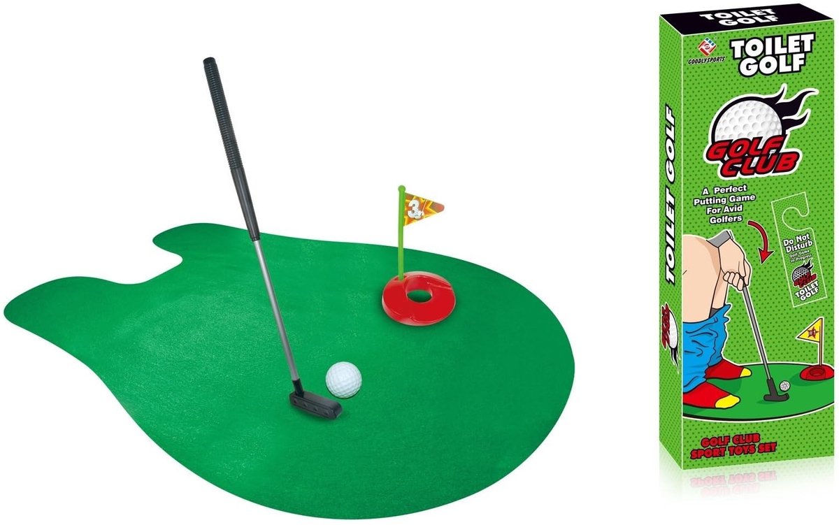 Dailygoods- Minigolfspel Grappig Toiletspel - Golfclub 64 cm - Kunstgras - Doelgat met Vlag - 2 Golfballen - Hoogwaardig Materiaal