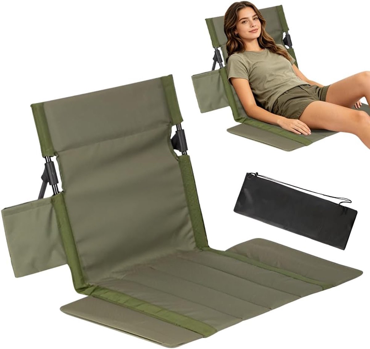 Strandmat met rugleuning, vloerstoel met rugleuning, strandstoel, inklapbaar, licht, strandmat, inklapbaar, met tas voor picknick, vissen, wandelen, kamperen, groen