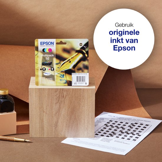Epson multipack 16 XL inkten op een houten blok. Tekst: "Gebruik originele inkt van Epson".