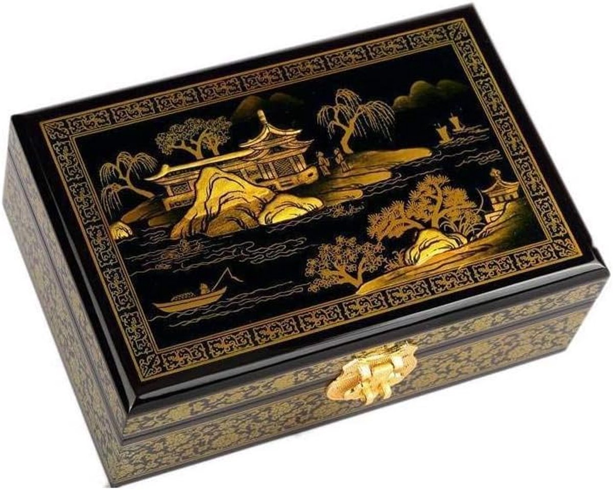 lachineuse - Sieradendoos Chinees Beijing Beijing Landschap - Zwart & Goud - Opbergdoos voor Sieraden & Geheimen van gelakt hout - Aziatische decoratie - Geschenkdoos voor dames - Cadeau-idee - 21 x