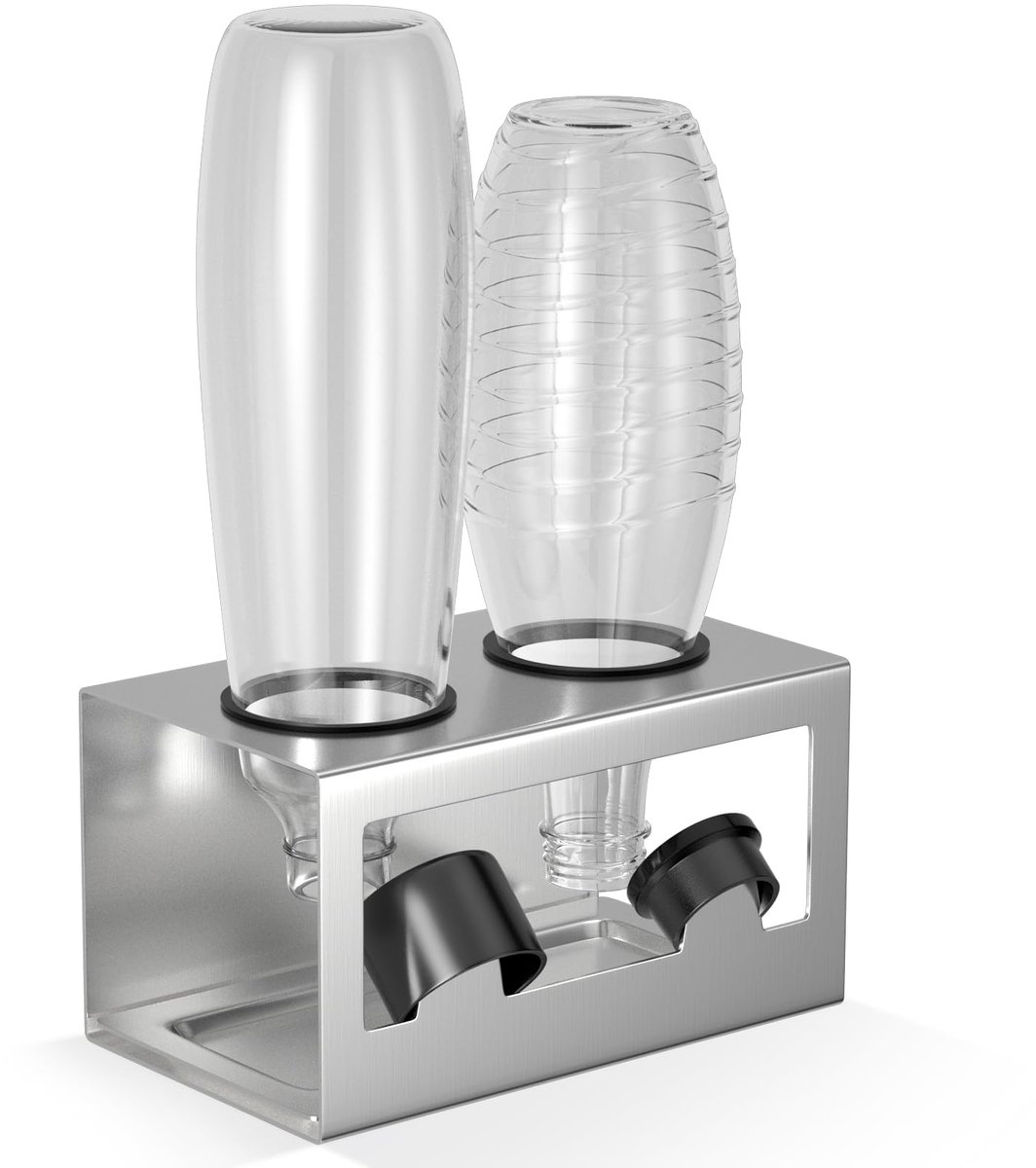 Flessenhouder voor Sodastream Crystal en Emil flessen, stalen flessenhouder afdruiprek voor 2 flessen, met siliconen beschermringen, druppelpan en dekselhouder, staal