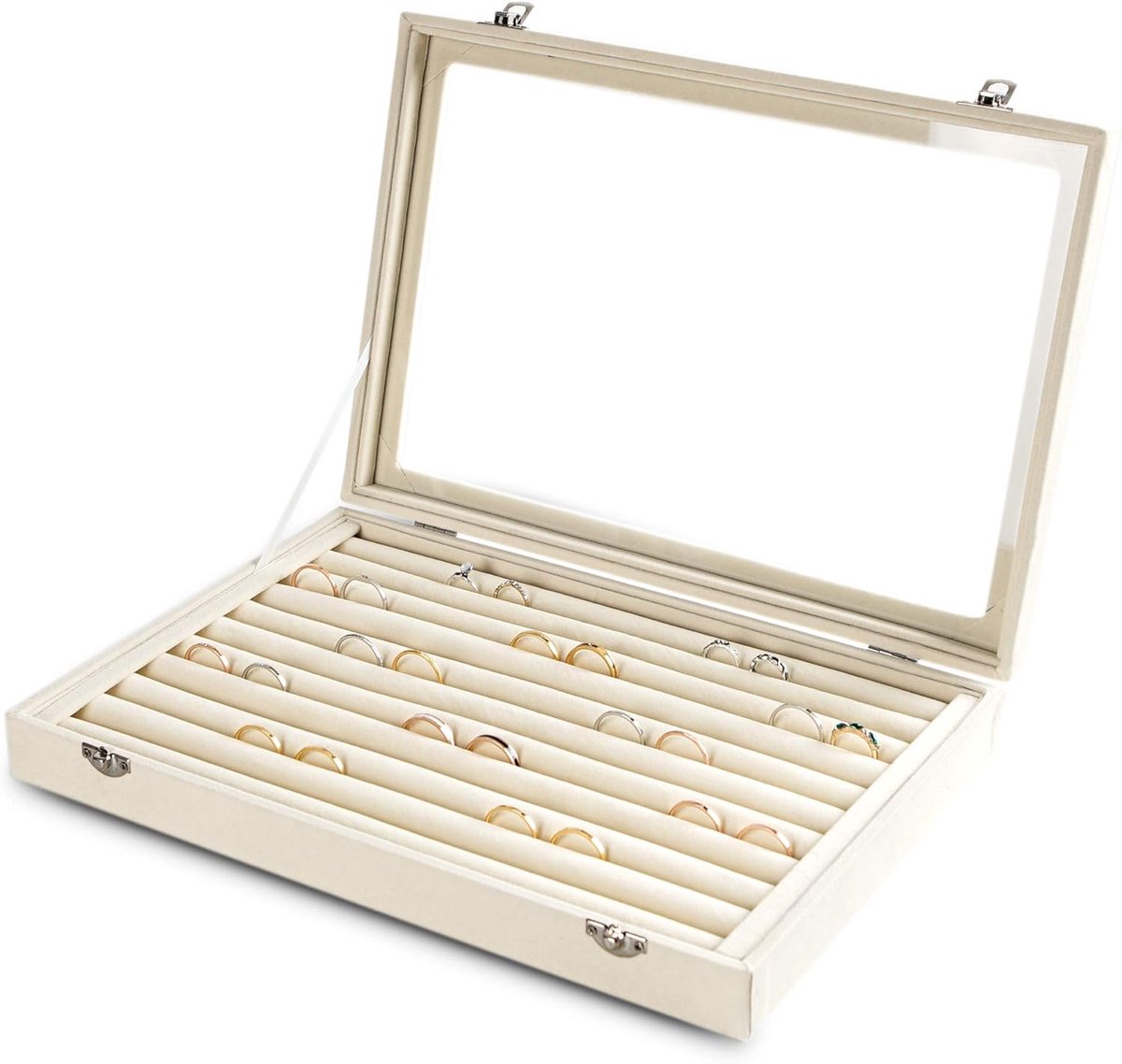 Ringen/Oorbellen Organizer Dienblad met Doorzichtige Deksel 10 Vakjes Fluwelen Lade Inzetstuk Sieraden Opbergdoos Glazen Deksel Sieraden Vitrine Showcase Cadeau voor Vrouwen (Beige, 10