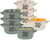 Soepkommen set - 8x - beige/groen - 500ml - porselein - met oren