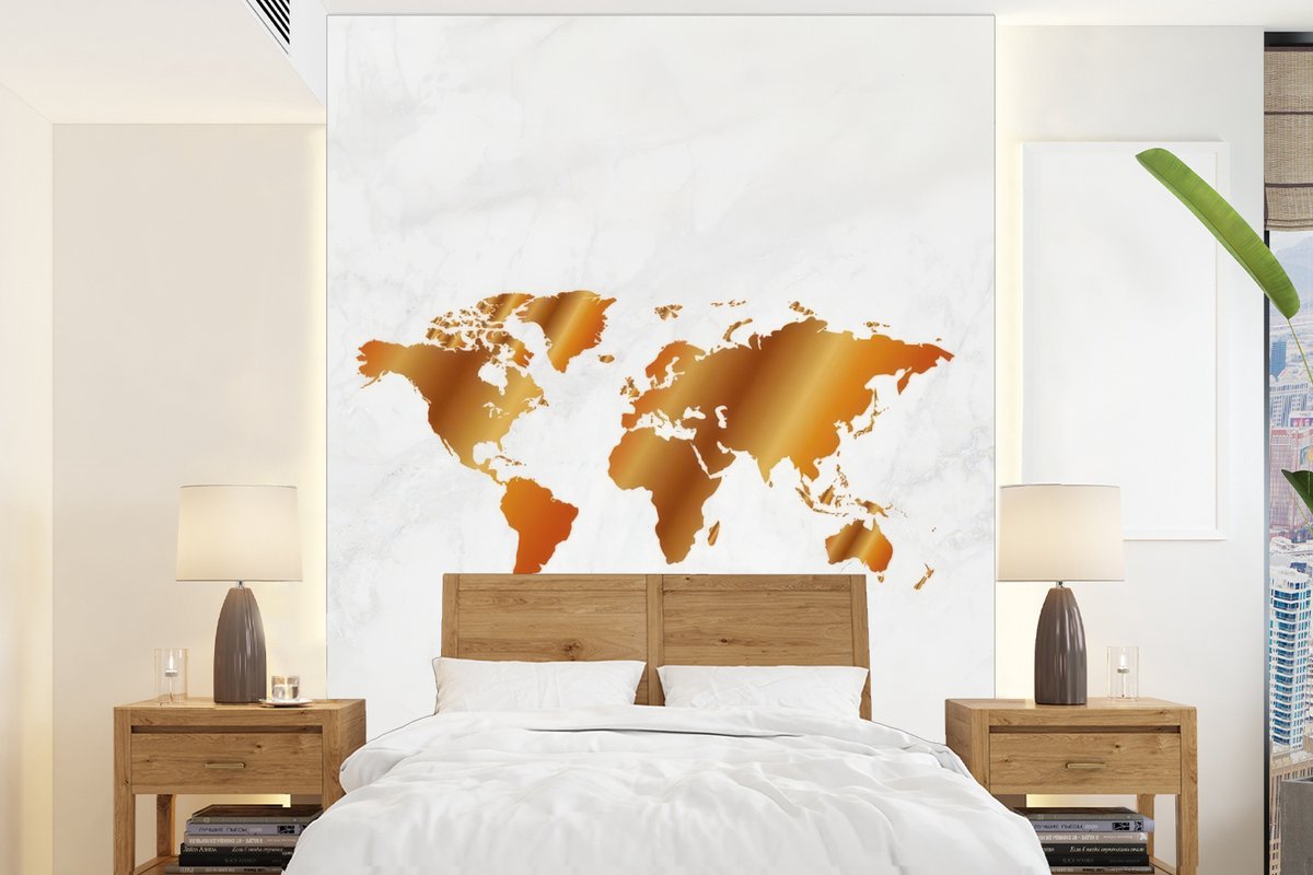 Behang - Fotobehang Wereldkaart - Marmer - Goud - Breedte 190 cm x hoogte 260 cm