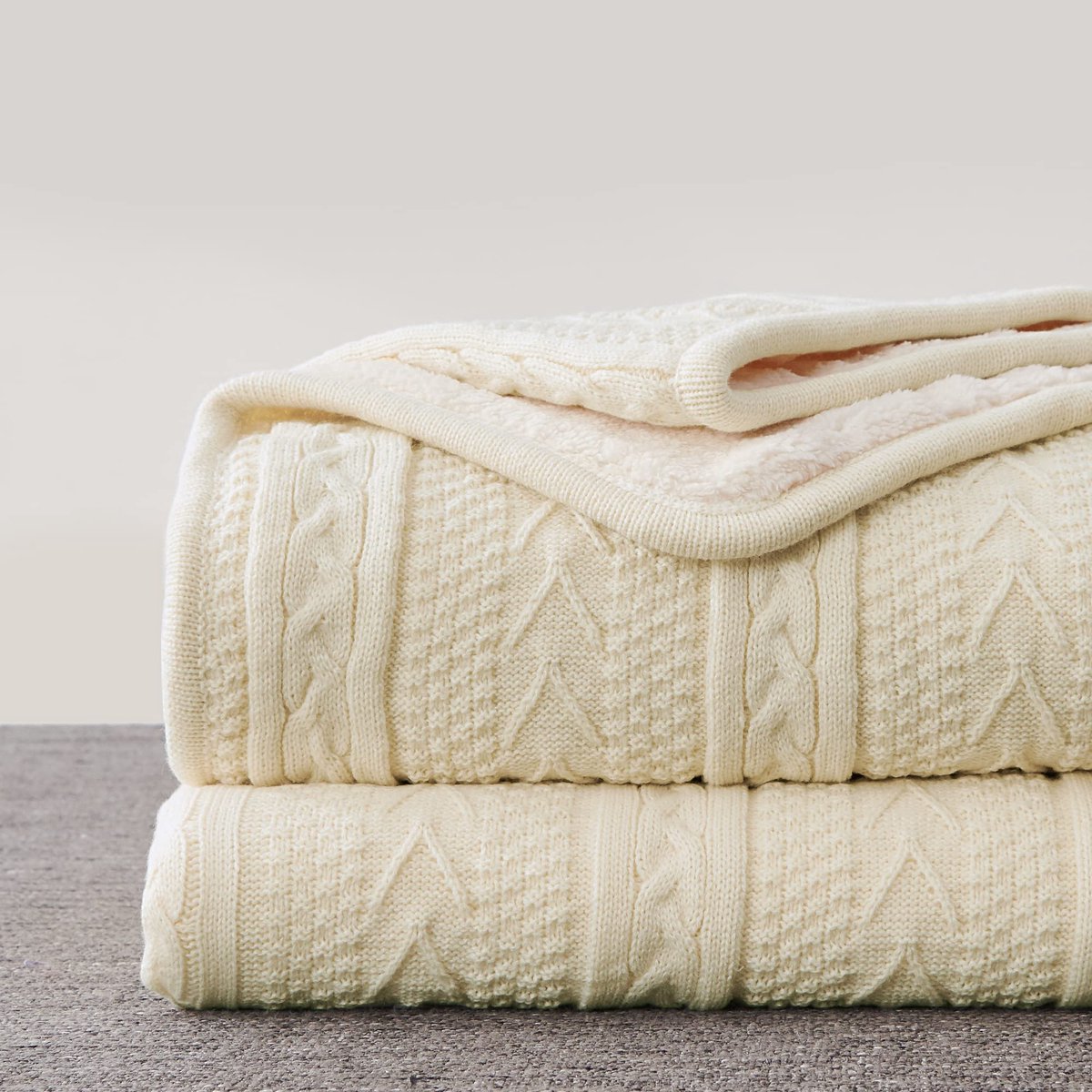 bedding Crème 127 x 160 cm acryl kabelgebreide sherpa deken - dikke, zachte, grote, gezellige beige gebreide fleece dekens voor bank, bank, bed - grote sprei het hele seizoen