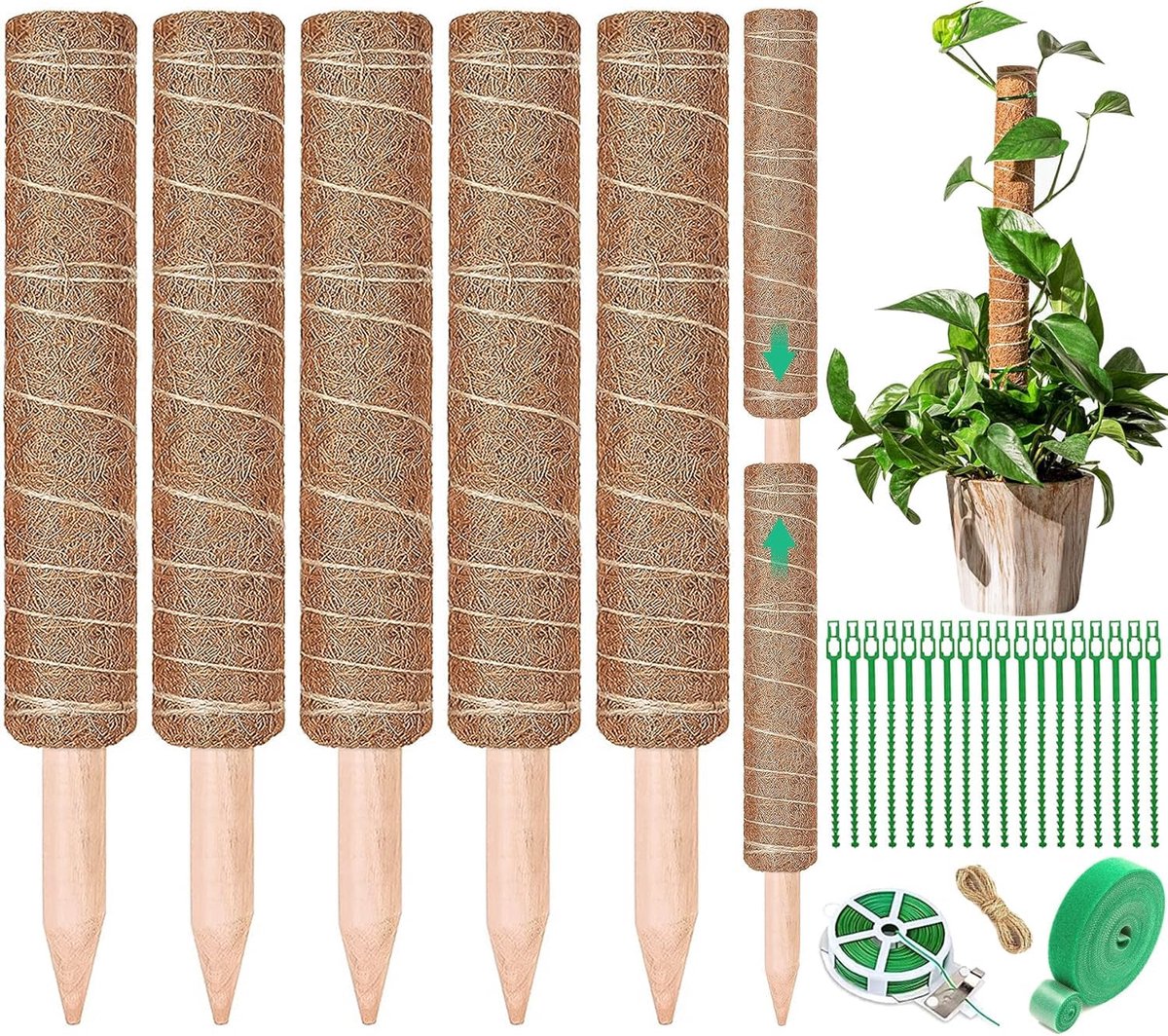 5-delige Monstera-palen, 42 cm Coco Paal met klittenband, kabelbinder en koord, plantenstokjes, uitbreidbaar tot 160 cm, tuinpaal