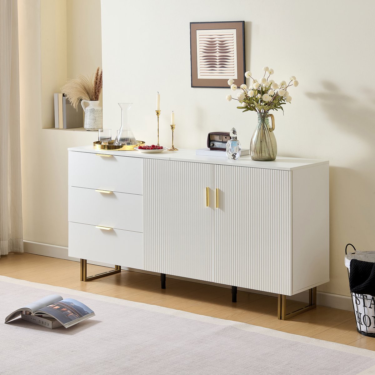 Modern sideboard - 160x40x75 cm wit-goud - 2 deuren, 3 lades, gouden aluminium grepen - Stevige stalen poten, duurzaam MDF - Geschikt voor woonkamer, eetkamer en hal