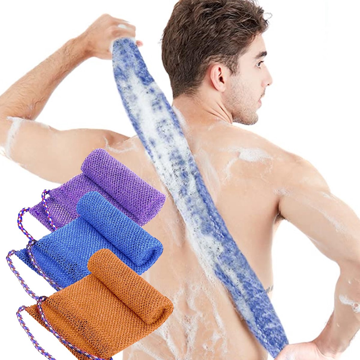 Exfoliërende Net, 3 Stuks Afrikaanse Net Lange Netto Badspons, Nylon Vlechtwerk Net Doek voor Vrouwen Mannen Body Wassen Accessoires (Paars, Blauw, Koffie)