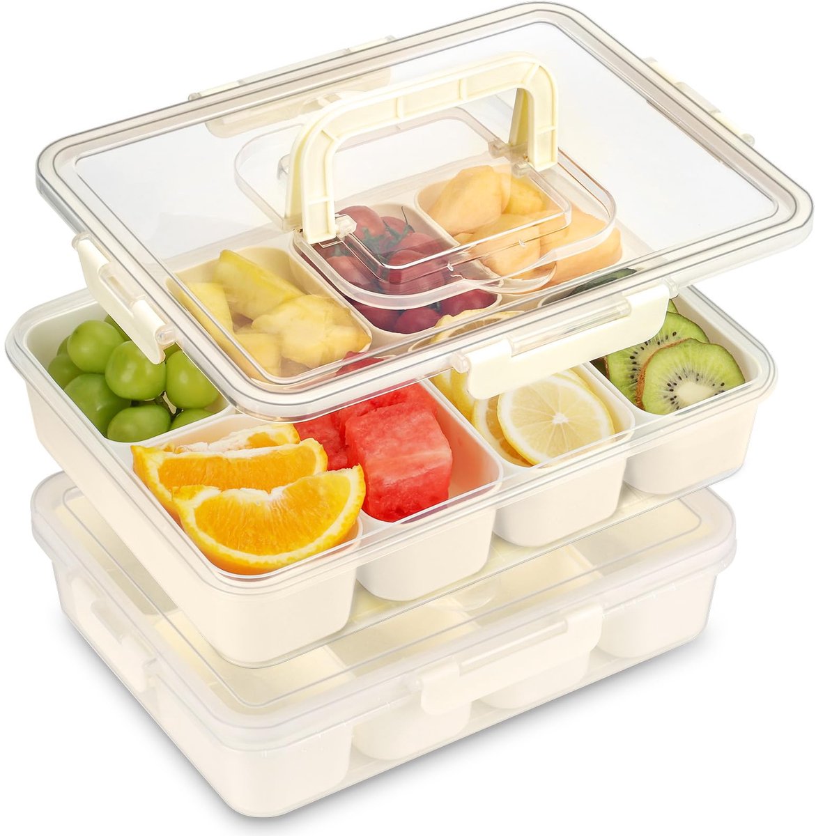 Snackbox met 8 vakken, snackborden van polypropyleen, vaatwasmachinebestendig, snackschaal met deksel en handgreep, draagbare snackbox, organizer voor snoep, fruit, koekjes, dessert, groenten