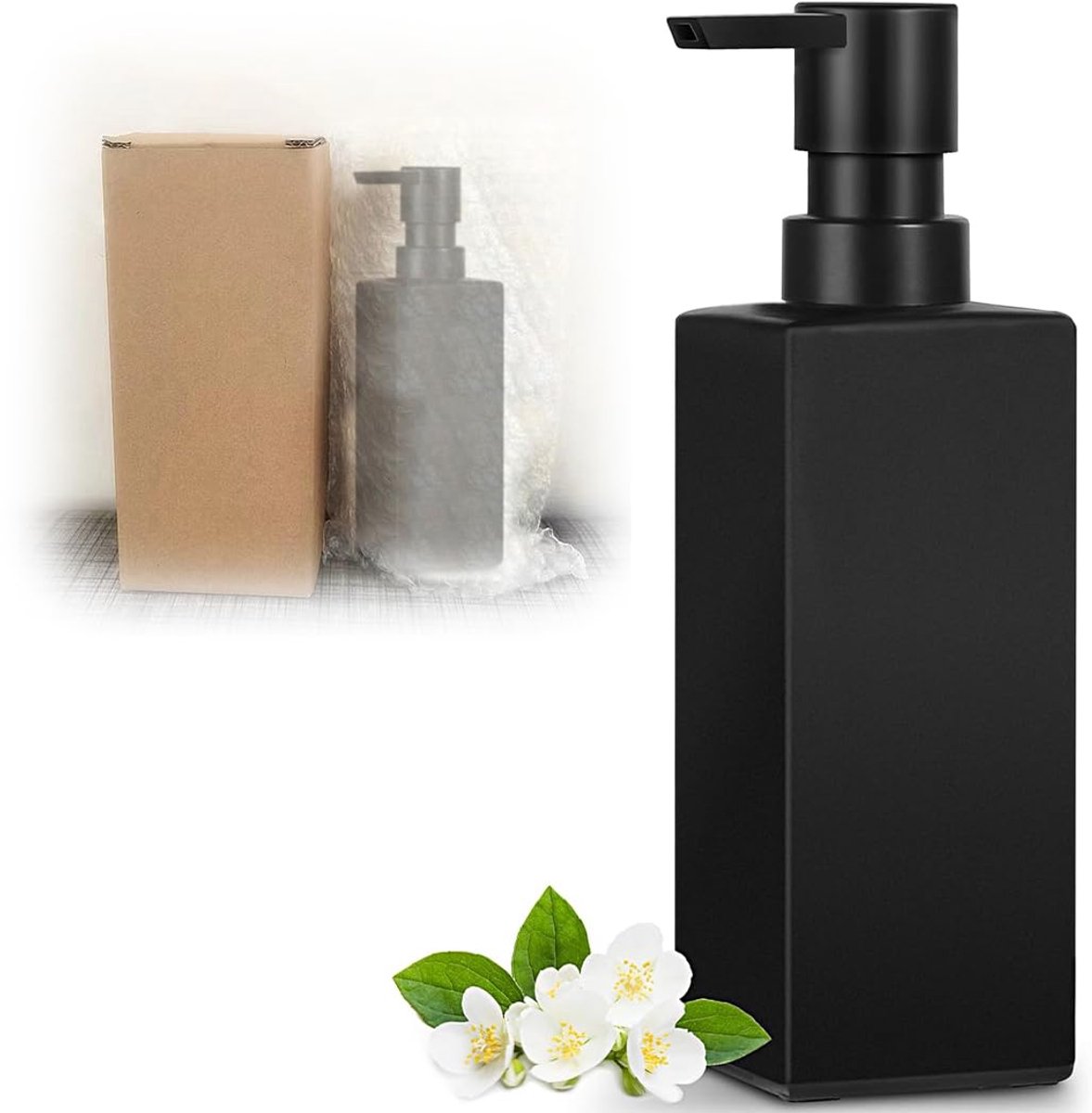 Zwart Mat - 350ml Vloeibare Zeepautomaat Keuken Badkamer, Handzeepautomaat Glas, Afwasmiddelautomaat met Plastic Pomp, Zeepautomaat