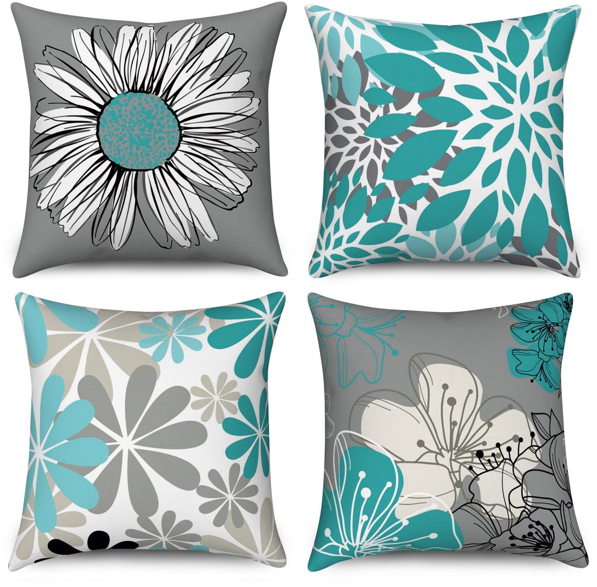 kussenslopen 50 x 50 cm set van 4, groenblauw en grijs bloemen decoratieve kussenhoezen moderne madeliefje boerderij Boho linnen kussenslopen voor sofa, bank, tuin buiten woondecoratie