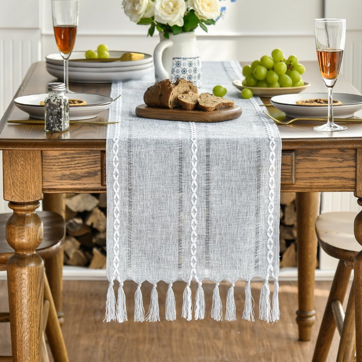 Tafelloper met kwastjes, boerderijstijl, keukentafeldecoratie, vakantie, bruiloft, diner, verjaardag, decoratie, 33 x 303 cm