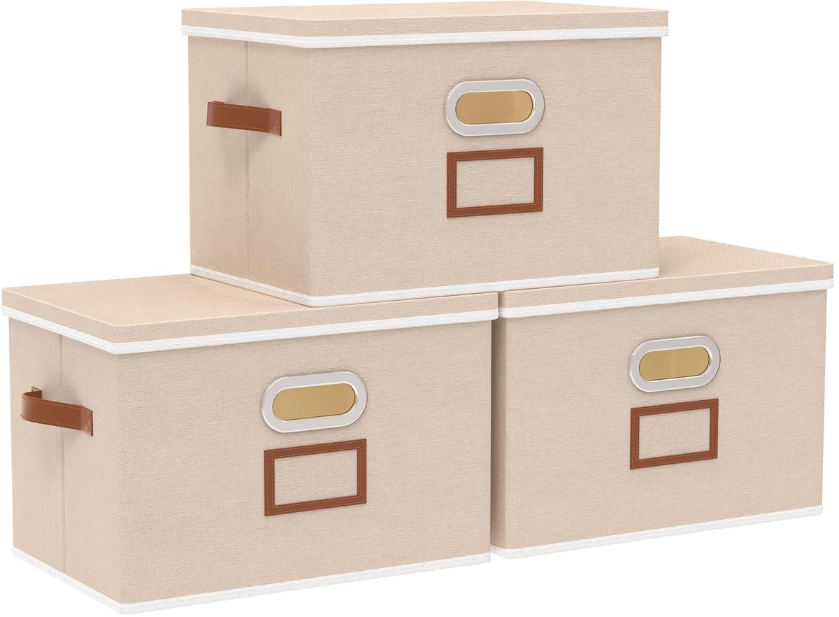 3 stuks opbergdozen, opvouwbare stoffen dozen met etikettentas, opbergmand met deksel, geschikt voor kasten, planken, 45 x 30 x 30 cm, beige