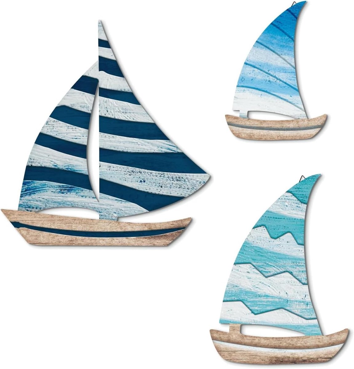 Set van 3 wanddecoratie in zeilbootstijl, maritieme decoratieartikelen in houtlook voor woon- en slaapkamer (hout)