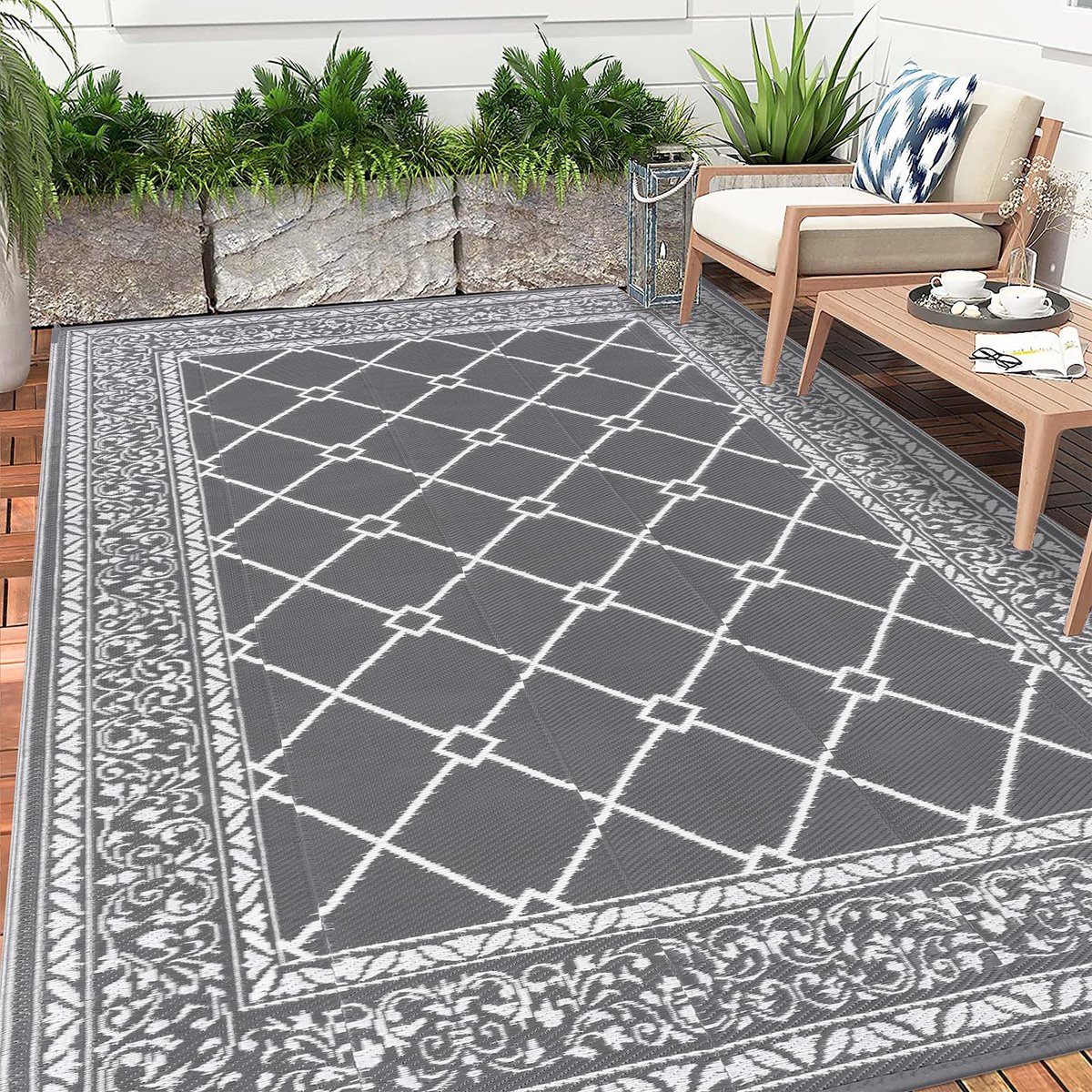 Groot outdoor tapijt, 240 x 300 cm, omkeerbaar campingtapijt, duurzaam kunststof, plat weefsel, picknickdeken, gerecycled, waterdicht, draagbaar, balkontapijt voor terrassen en entree