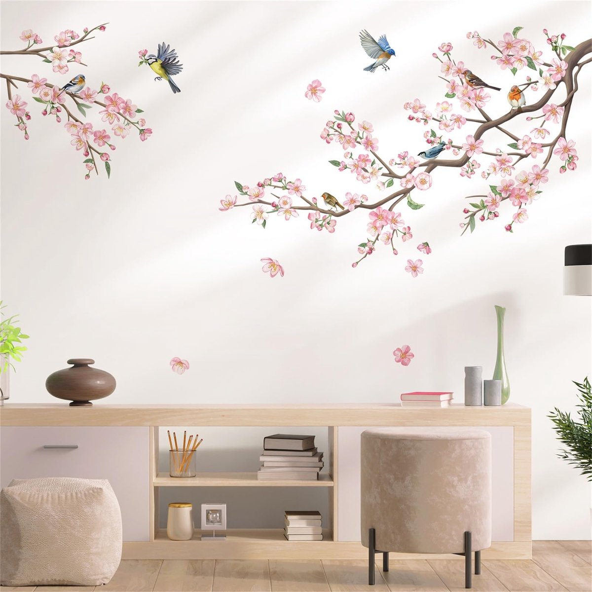 decalmile Bloem met Tak Muurstickers Roze Bloesem Bloemen Vogelwereld Muurtattoo Slaapkamer Woonkamer Sofa TV Achtergrond Wanddecoratie