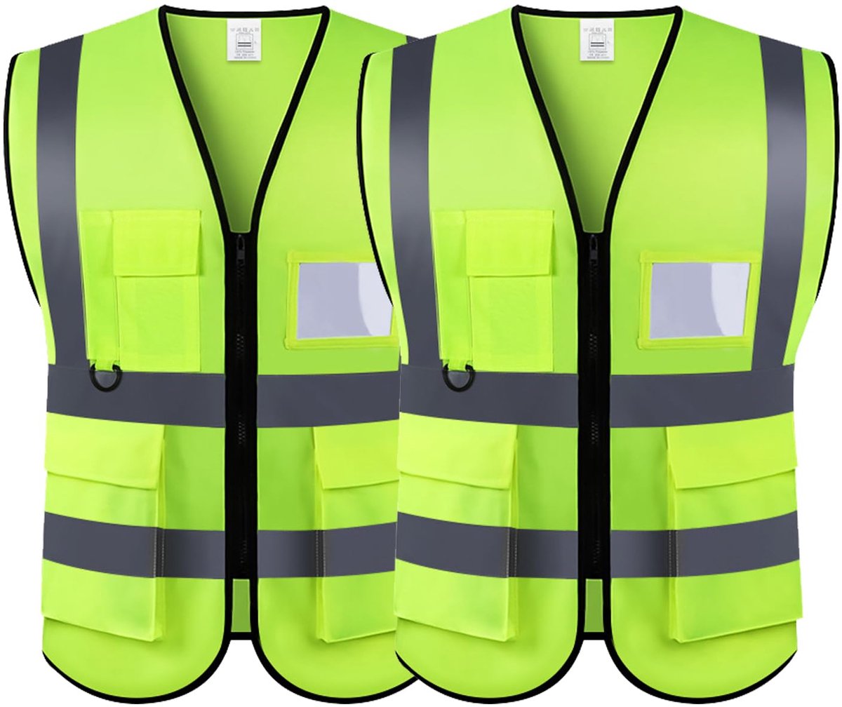 2 stuks Reflecterend veiligheidsvest, hoge zichtbaarheid, jas, werkkleding, executieve ritssluiting, 2 banden voor de veiligheid van mobiele telefoons en ID-kaarten, Fluoriserend Groen