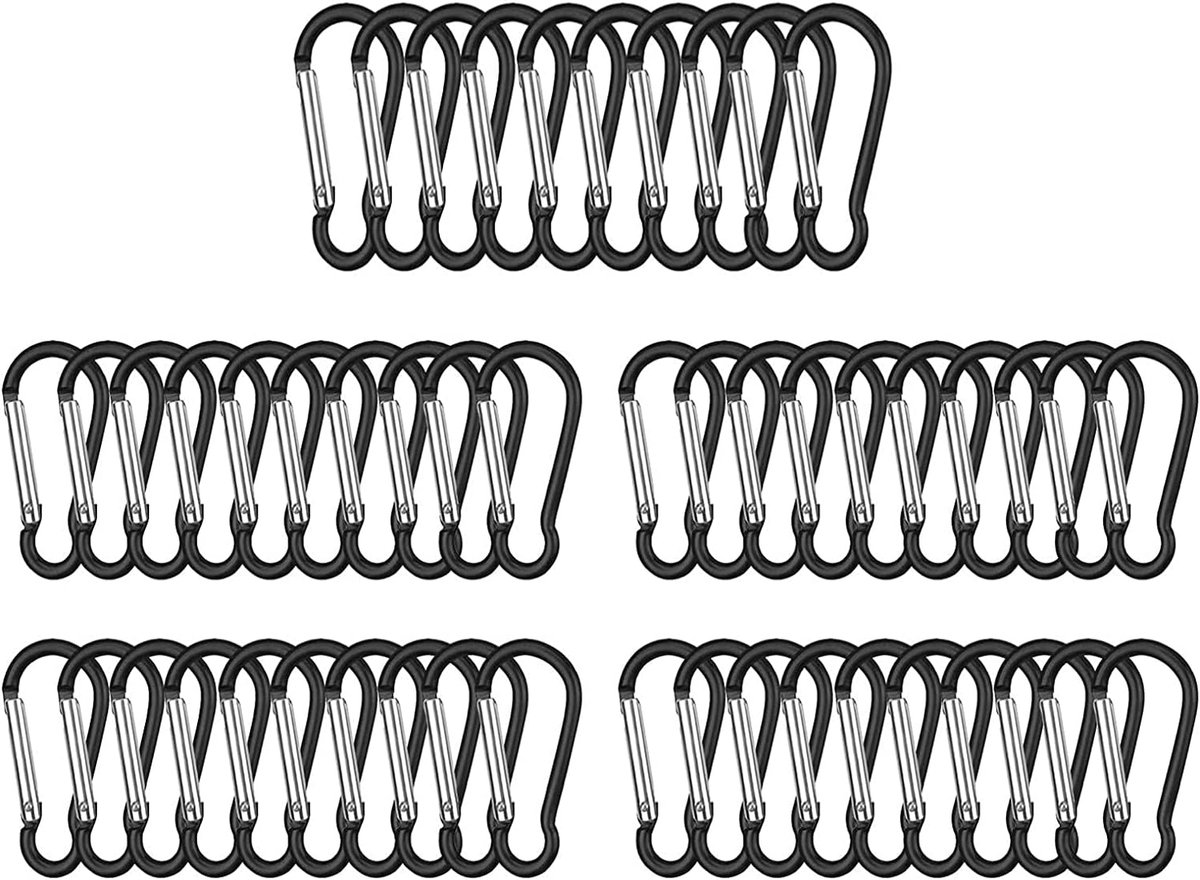 50 Stukken Carabiner Clips, Zwarte Karabijnhaak, Duurzame Karabijnhaak, voor Buitenreizen, Kamperen, Wandelen, Vissen, Fietsen (Zwart)