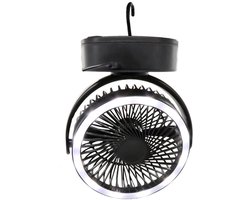 5000mAh campingventilator, tafelventilator, 3-in-1 mini USB-ventilator met LED-verlichting en haak, 360° draaibaar, plafondventilator met 3 snelheden, tentventilator met ventilator voor auto, buiten, camping, kantoor, thuis