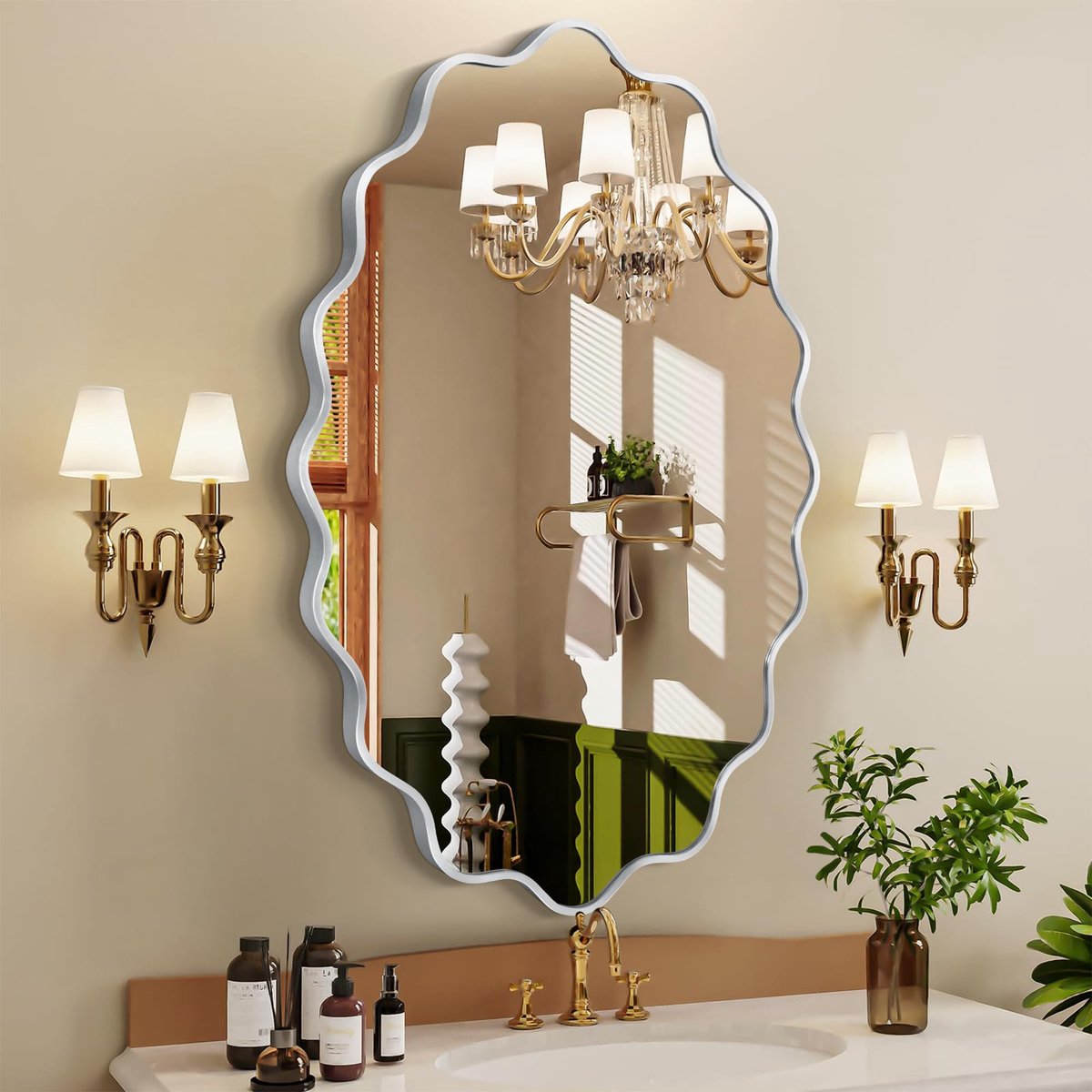 ovaal, golvend metalen frame, spiegel, decoratieve wandspiegel voor slaapkamer, hal en woonkamer