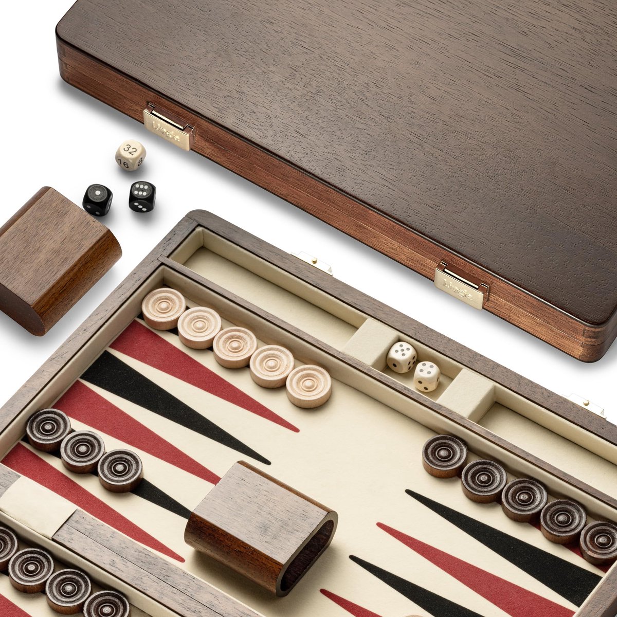 14,5 inch premium natuurlijk walnoot backgammon sets, inclusief 30 kunstmatige hoorn schijven, 2 walnoten dobbelsteenbekers en 5 houten dobbelstenen/klassiek tweepersoonsstrategiebordspel