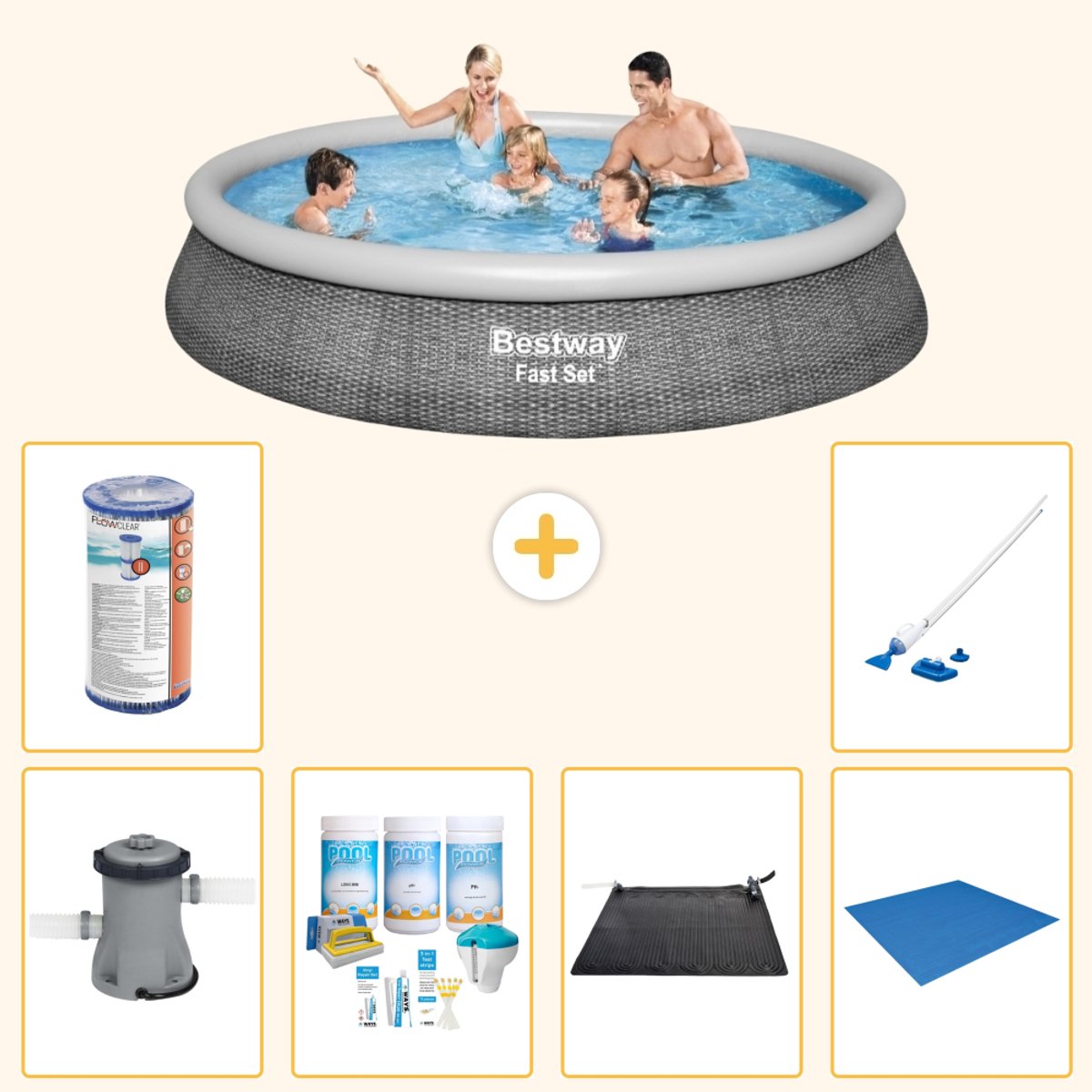 Bestway Rond Opblaasbaar Fast Set Zwembad - Rotanprint - 396 x 84 cm - Inclusief Pomp - Onderhoudspakket - Solar Mat - Grondzeil - Filter - Stofzuiger - 7-delig