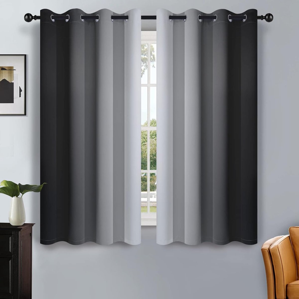 Verduisterende gordijnen voor slaapkamer, gradiëntkleur, zwart tot grijswit, lichtblokkerend, thermisch geïsoleerd tule raamgordijnen voor woonkamer, 2 stuks, 132 x 137 cm, ombre