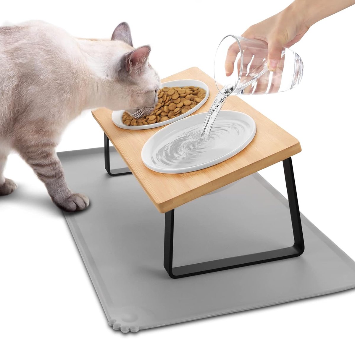 Verhoogde kattenvoerbak, hondenvoerbak, kattenvoerbakken schuin 15° keramiek met antislipmat, anti-overgeven kattenbak, voerbakken en drinkbakken voor katten en kleine honden