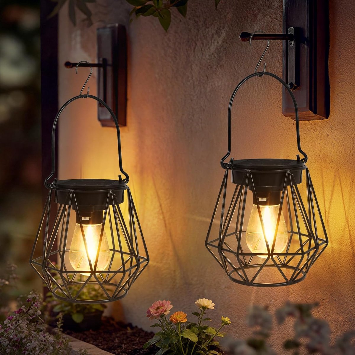 Solarlampen voor buiten, tuin, hangend, 2 stuks, zonnelantaarn, IP65, weerbestendig, retro lantaarns op zonne-energie, warmwit, zonnelampen diamant voor buiten, tuin, balkon, outdoor, terrassen