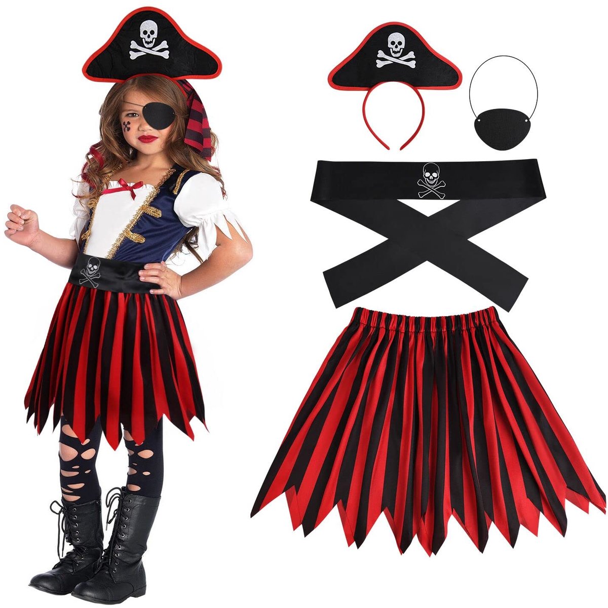 Aomig Piratenkostuum Kinderen Meisjes, 4-delige Piratenkostuumaccessoires, Piratenfeestdecoraties met Piratenooglapje Hoofdbandriem, Piratenrollenspelkits voor Carnaval Fancy Dress Cosplay Halloween