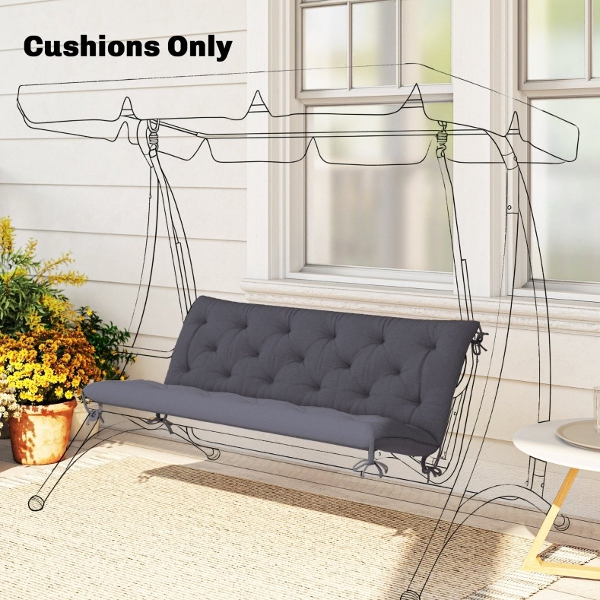 MEUNIQ tuinbankkussen 150 x 98 x 8 cm met hoge rug en 6 bevestigingsbanden, polyester 3-zits zit- en rugkussen voor tuinbank of schommelbank, donkergrijs