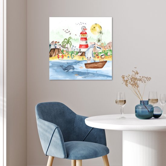 Poster kinderen - Wanddecoratie jongens - Strand - Dieren - Kinderen - Vuurtoren - Poster kinderkamer - 50x50 cm - Decoratie kinderkamers - Kinderkamer decoratie - Poster Babykamer — afbeelding 2