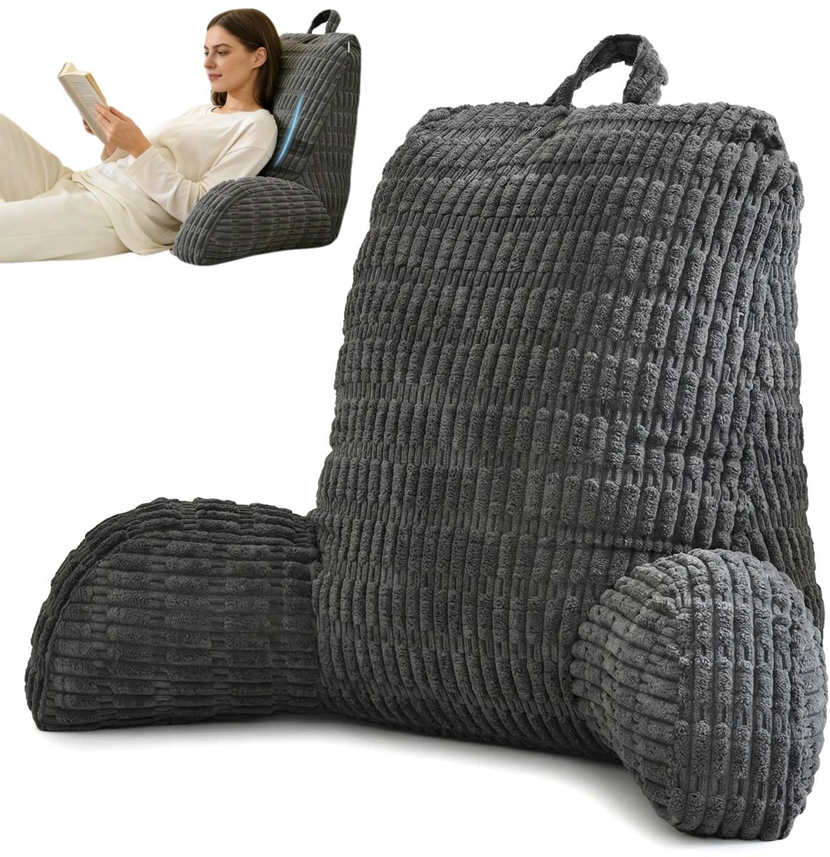 Leeskussen voor bed en bank, rugkussen voor volwassenen met armleuning, rugsteun, afneembaar en wasbaar, rugleuning om te lezen, met tas voor bed, bank, vloer, stoel (donkergrijs)