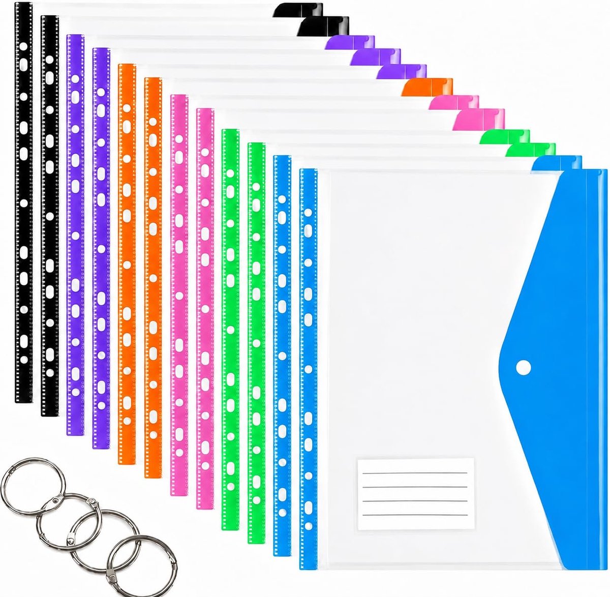 12 stuks A4-documentenmappen, uitbreidbaar, 6 kleuren, documentenmap, waterdichte map met 11 gaten voor 2/3/4 ringen, documentenmappen met drukknop en etiketten, voor kantoor, school en thuis (A)
