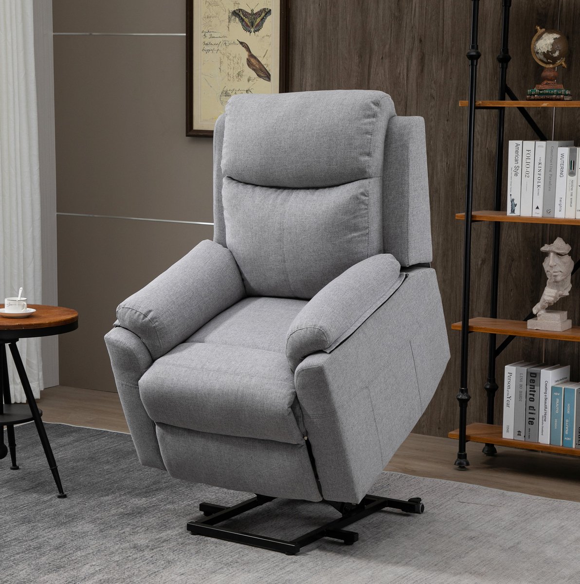 MEUNIQ elektrische relaxfauteuil met sta-op functie en 1 motor, verstelbare ligfunctie tot 160°, afstandsbediening, zijvak, brede armleuningen, grijze stof