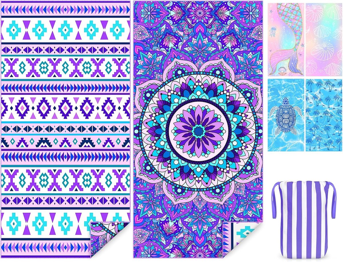 strandhanddoek, 180 x 90 cm dubbelzijdige sneldrogende strandhanddoeken voor volwassenen, grote badhanddoeken met knop, zandbestendig, lichtgewicht, vakantiebenodigdheden voor strand