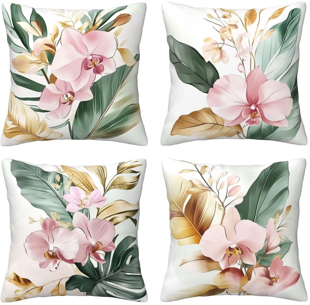 Set van 4 kussenhoezen, sierkussenhoezen, roze bloemen en groene bladeren, 65 x 65 cm, behaaglijk, kussenhoes met onzichtbare ritssluiting, zacht, wollig, voor tuin, woonkamer, decoratie, D2041