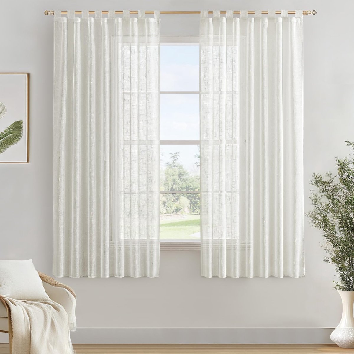 2 stuks gordijnen voor ramen, linnenlook, halftransparant, met lussen, imitatie linnen, elegant, voor slaapkamer, woonkamer, huis, kantoor, 140 x 160 cm, wit