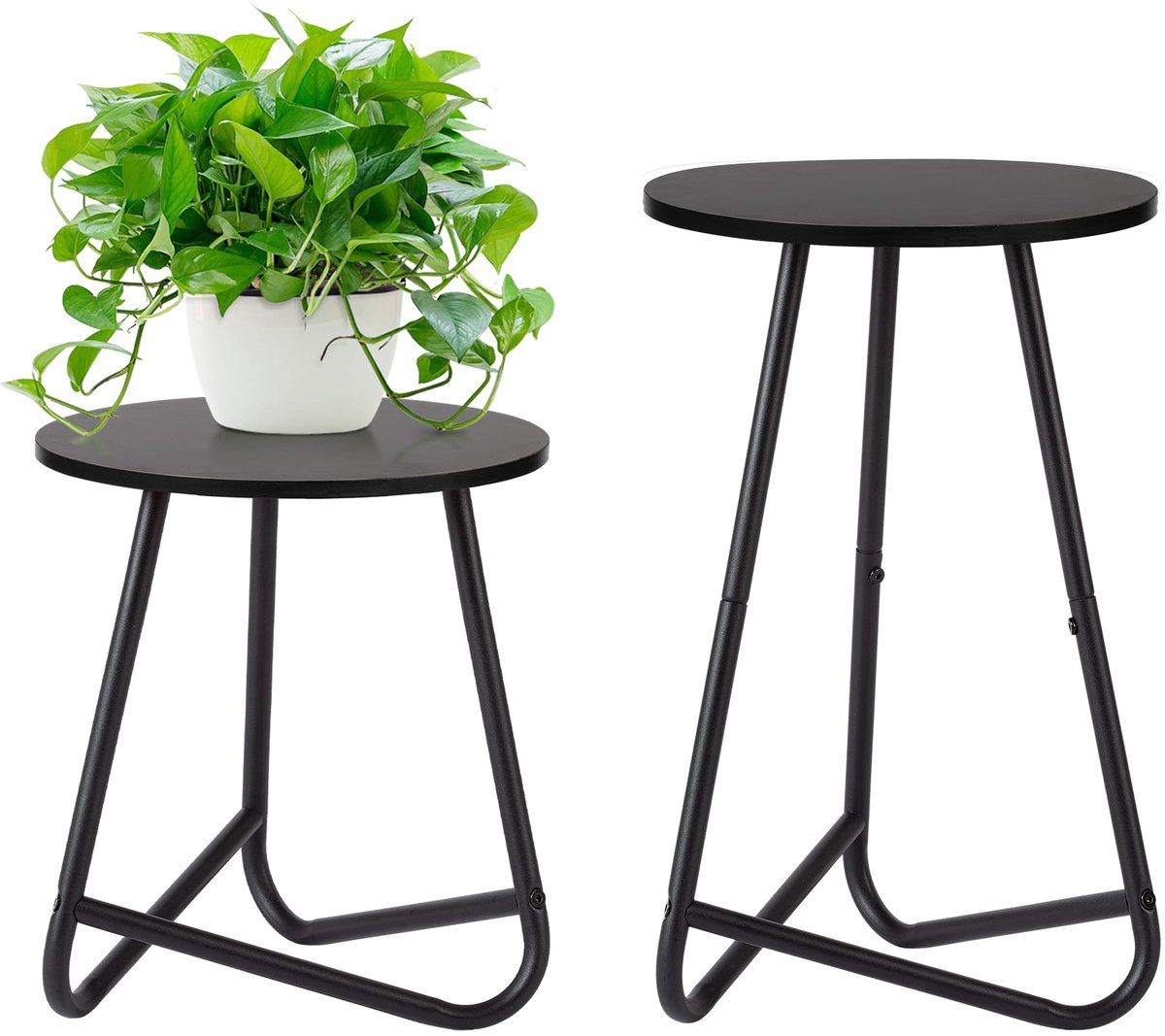 Ronde plantenstandaard, bloemenstandaard, plantenrek van hout en metaal, modern rek voor kamerplanten voor woonkamer, balkon en kantoor, zwart, 35 cm + 50 cm (set)