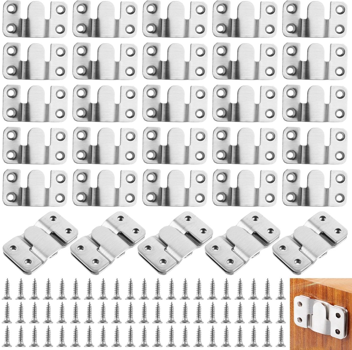 Dailygoods- Fotolijsten Set van 30 - Interlocking Haken - Roestvrij Staal - Bevestigingsschroeven 120 stuks - 54x30mm - Schokbestendig Ontwerp - Fotohaakjes