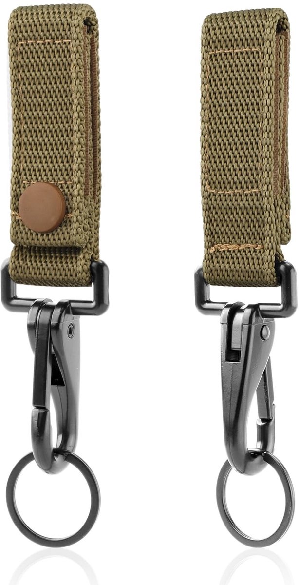 Dailygoods- Riemhouderclip met Metalen Drukknoop - Sleutelhangerclip - Nylon Band - 2 Stuks - Geschikt voor Riemen 3,8-5,7 cm - Zwart/Kaki - Sleutelhanger