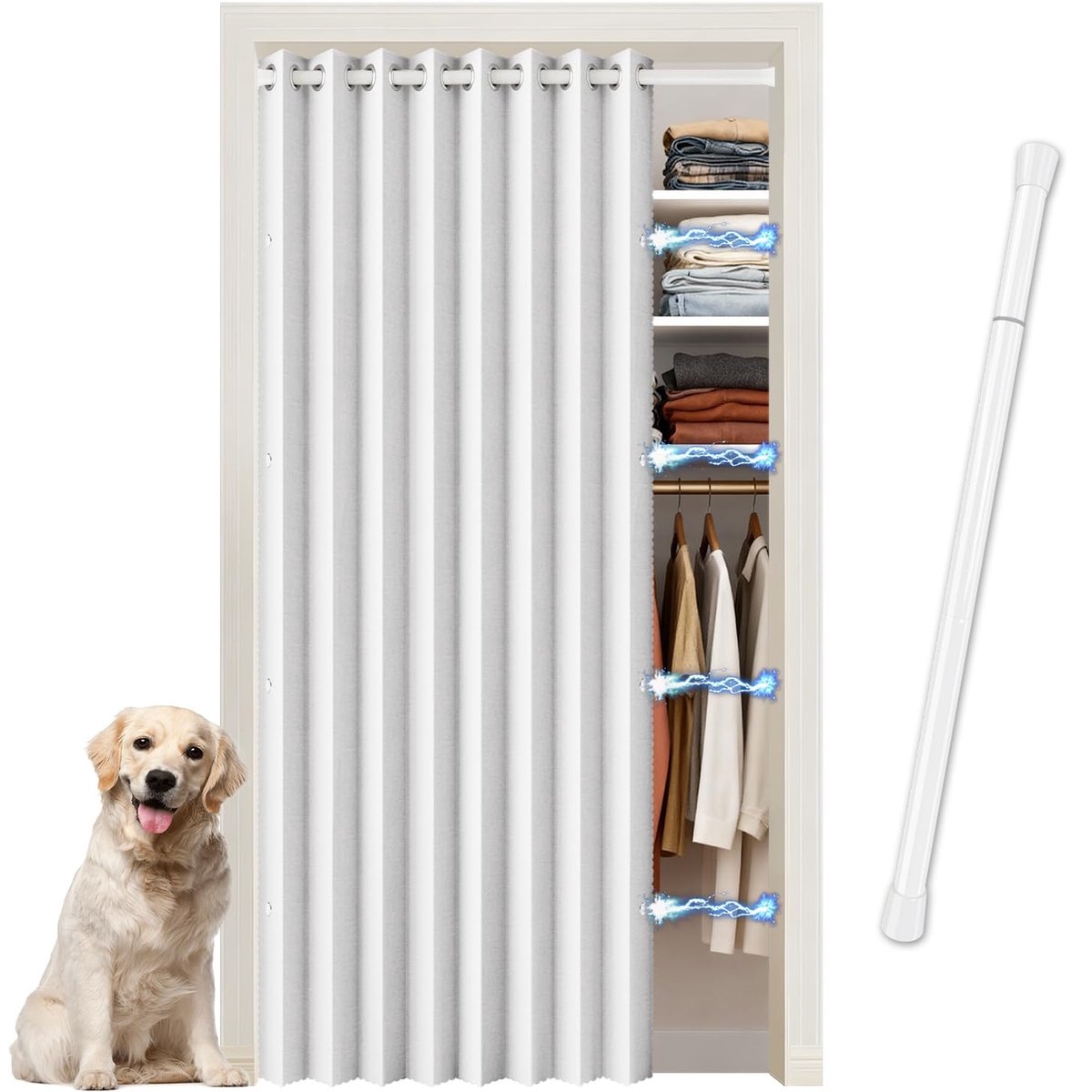 Deurgordijn, ondoorzichtig, magnetisch, zonder boren, ruimteverdeler, met telescoopstang, akoestisch thermogordijn voor kleedkamer, keuken, kastafdekking, wit