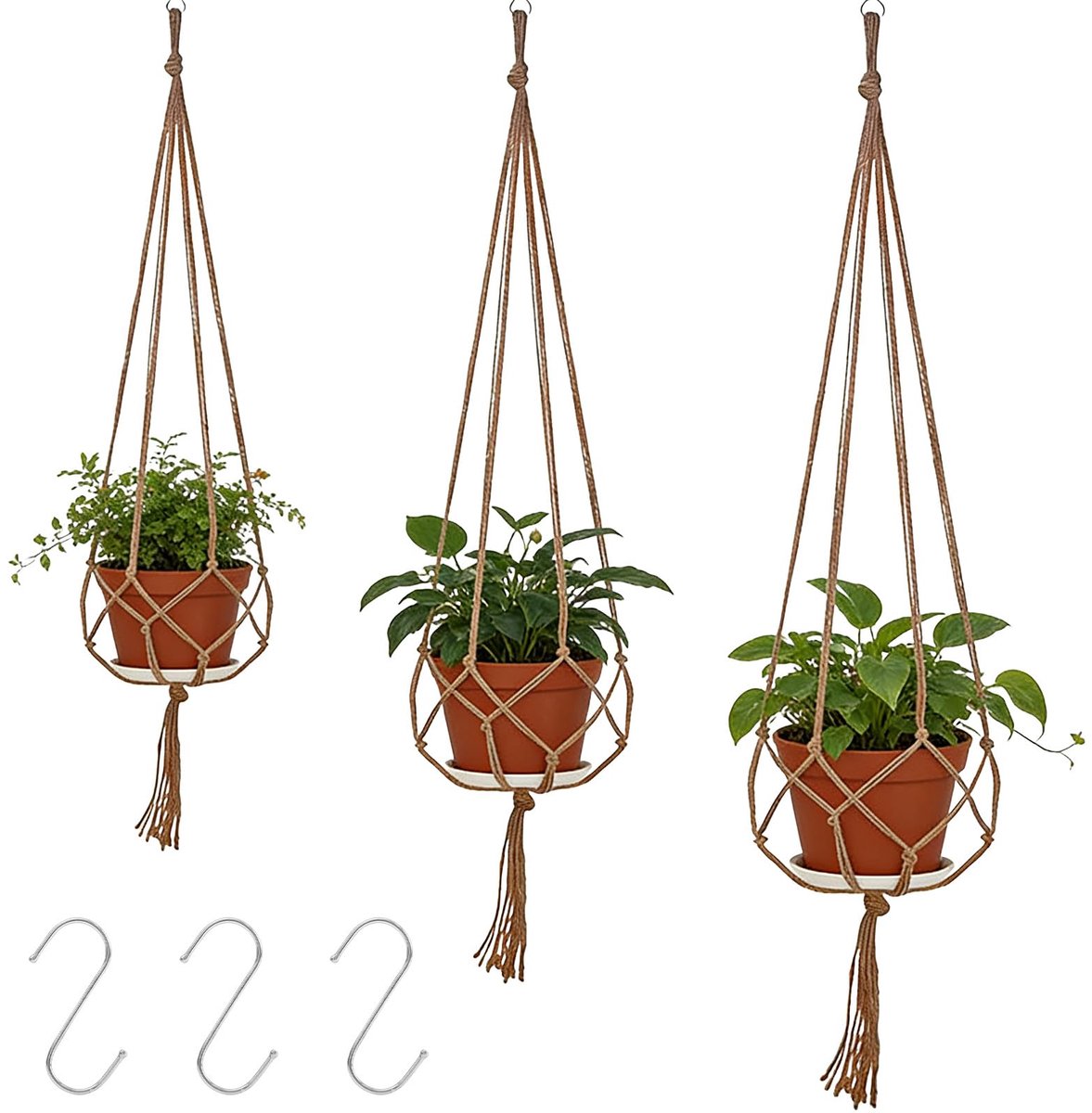 3 stuks hangende bloempotten om op te hangen voor planten, wandvazen van macramé, hangvazen voor binnen en buiten, voor huis, tuin, balkon, plafonddecoratie